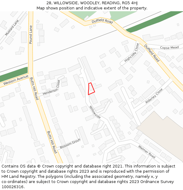 28, WILLOWSIDE, WOODLEY, READING, RG5 4HJ: Location map and indicative extent of plot