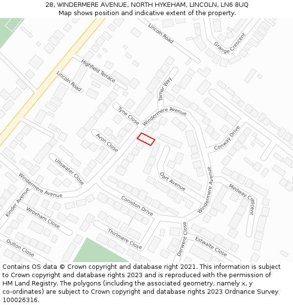 28, WINDERMERE AVENUE, NORTH HYKEHAM, LINCOLN, LN6 8UQ: Location map and indicative extent of plot