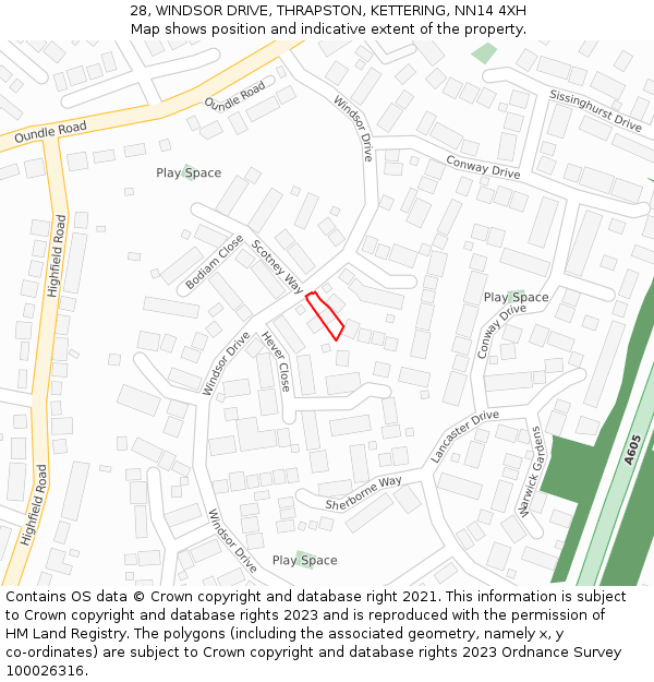 28, WINDSOR DRIVE, THRAPSTON, KETTERING, NN14 4XH: Location map and indicative extent of plot