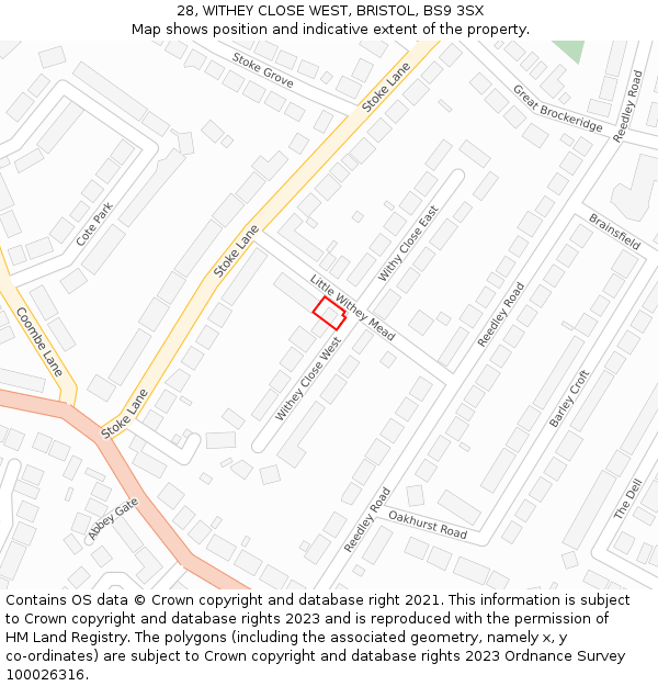 28, WITHEY CLOSE WEST, BRISTOL, BS9 3SX: Location map and indicative extent of plot