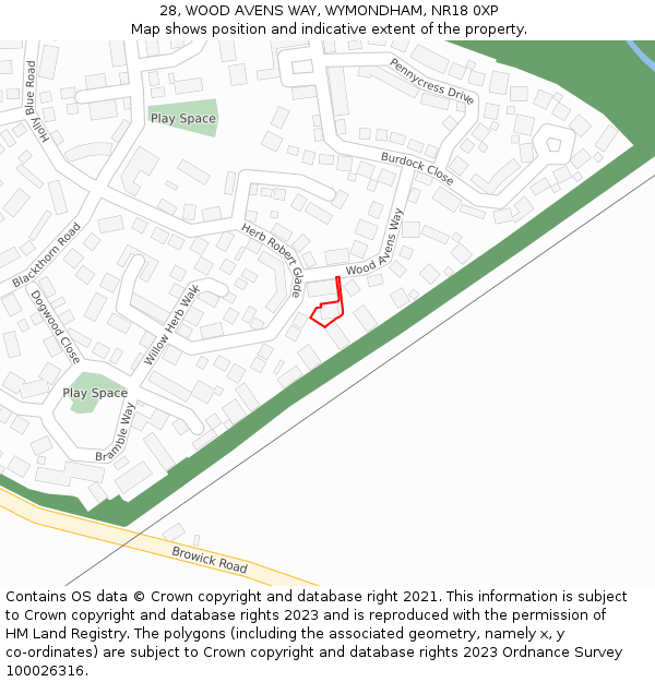 28, WOOD AVENS WAY, WYMONDHAM, NR18 0XP: Location map and indicative extent of plot