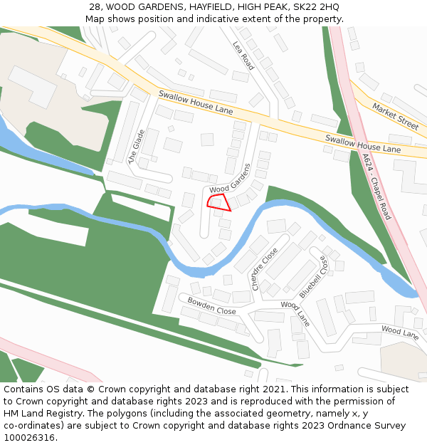 28, WOOD GARDENS, HAYFIELD, HIGH PEAK, SK22 2HQ: Location map and indicative extent of plot