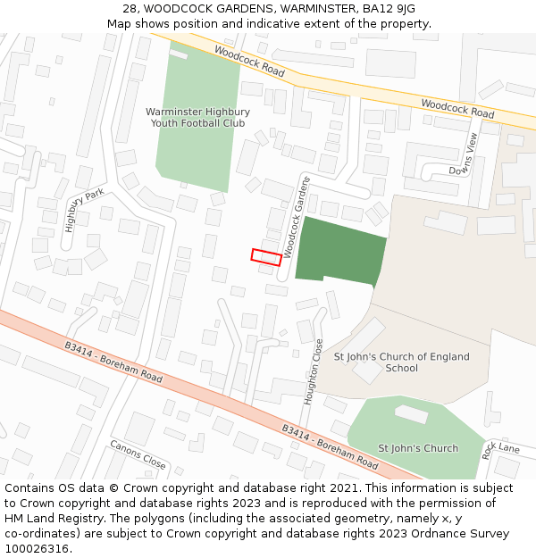 28, WOODCOCK GARDENS, WARMINSTER, BA12 9JG: Location map and indicative extent of plot