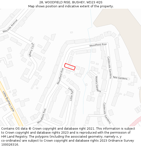 28, WOODFIELD RISE, BUSHEY, WD23 4QS: Location map and indicative extent of plot