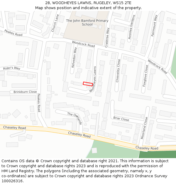 28, WOODHEYES LAWNS, RUGELEY, WS15 2TE: Location map and indicative extent of plot