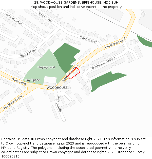 28, WOODHOUSE GARDENS, BRIGHOUSE, HD6 3UH: Location map and indicative extent of plot