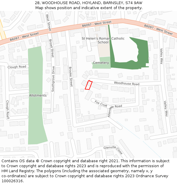 28, WOODHOUSE ROAD, HOYLAND, BARNSLEY, S74 9AW: Location map and indicative extent of plot