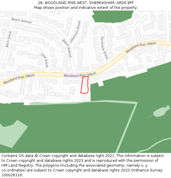28, WOODLAND RISE WEST, SHERINGHAM, NR26 8PF: Location map and indicative extent of plot