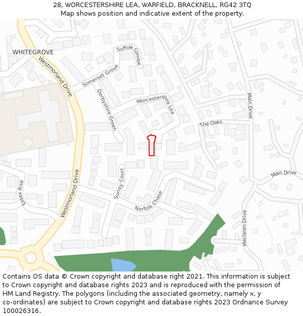 28, WORCESTERSHIRE LEA, WARFIELD, BRACKNELL, RG42 3TQ: Location map and indicative extent of plot