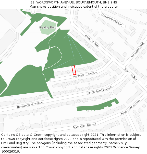 28, WORDSWORTH AVENUE, BOURNEMOUTH, BH8 9NS: Location map and indicative extent of plot