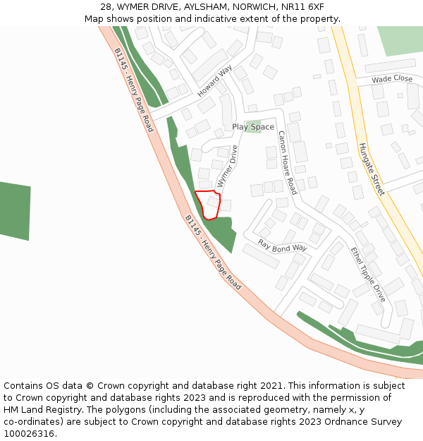 28, WYMER DRIVE, AYLSHAM, NORWICH, NR11 6XF: Location map and indicative extent of plot