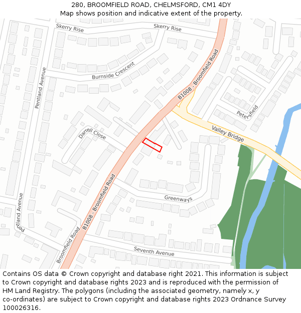 280, BROOMFIELD ROAD, CHELMSFORD, CM1 4DY: Location map and indicative extent of plot
