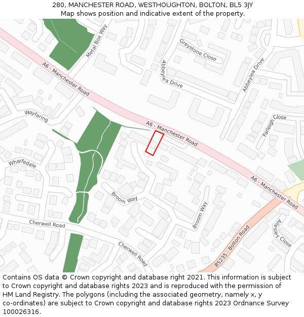 280, MANCHESTER ROAD, WESTHOUGHTON, BOLTON, BL5 3JY: Location map and indicative extent of plot