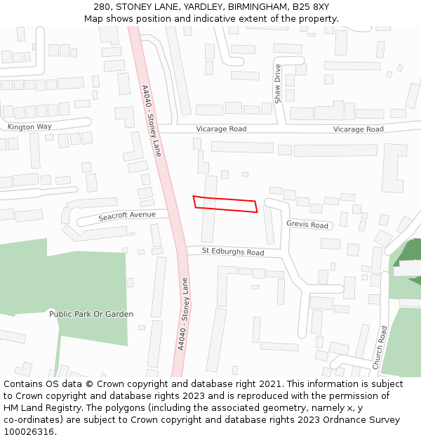 280, STONEY LANE, YARDLEY, BIRMINGHAM, B25 8XY: Location map and indicative extent of plot