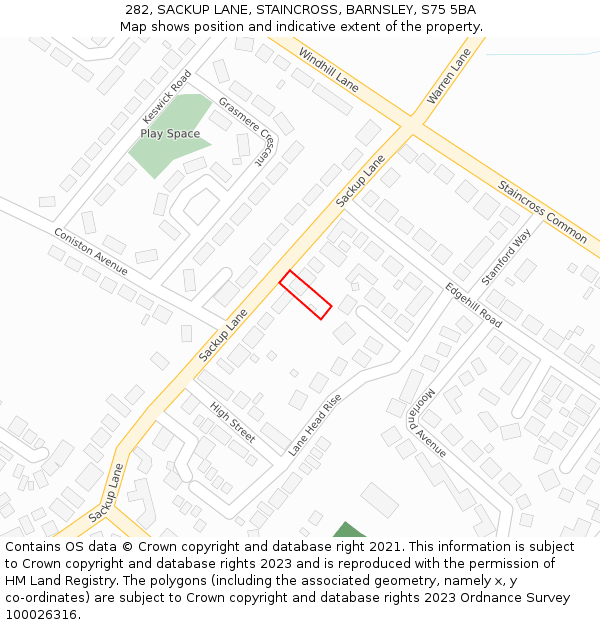 282, SACKUP LANE, STAINCROSS, BARNSLEY, S75 5BA: Location map and indicative extent of plot