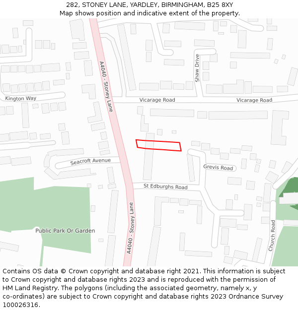 282, STONEY LANE, YARDLEY, BIRMINGHAM, B25 8XY: Location map and indicative extent of plot