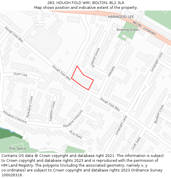 283, HOUGH FOLD WAY, BOLTON, BL2 3LA: Location map and indicative extent of plot