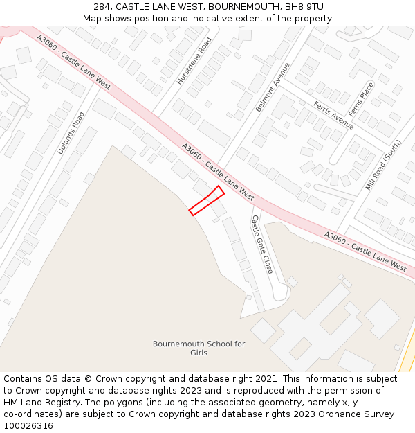 284, CASTLE LANE WEST, BOURNEMOUTH, BH8 9TU: Location map and indicative extent of plot