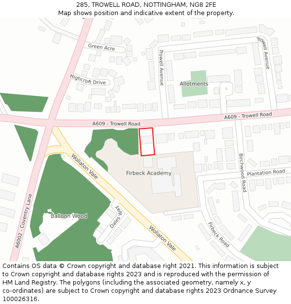 285, TROWELL ROAD, NOTTINGHAM, NG8 2FE: Location map and indicative extent of plot