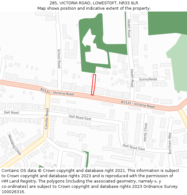 285, VICTORIA ROAD, LOWESTOFT, NR33 9LR: Location map and indicative extent of plot
