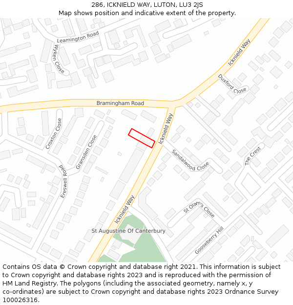 286, ICKNIELD WAY, LUTON, LU3 2JS: Location map and indicative extent of plot