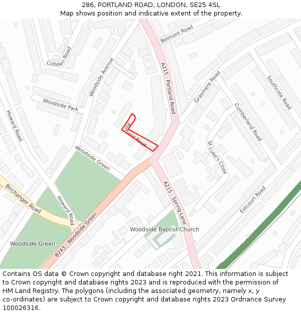 286, PORTLAND ROAD, LONDON, SE25 4SL: Location map and indicative extent of plot