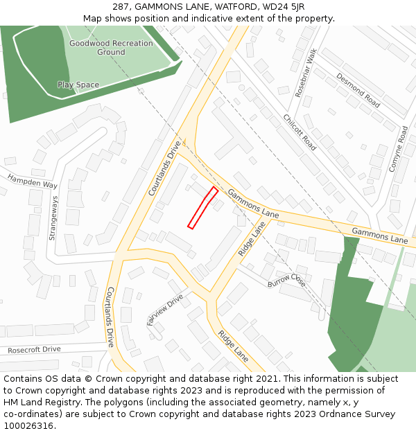 287, GAMMONS LANE, WATFORD, WD24 5JR: Location map and indicative extent of plot