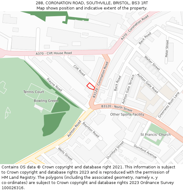 288, CORONATION ROAD, SOUTHVILLE, BRISTOL, BS3 1RT: Location map and indicative extent of plot