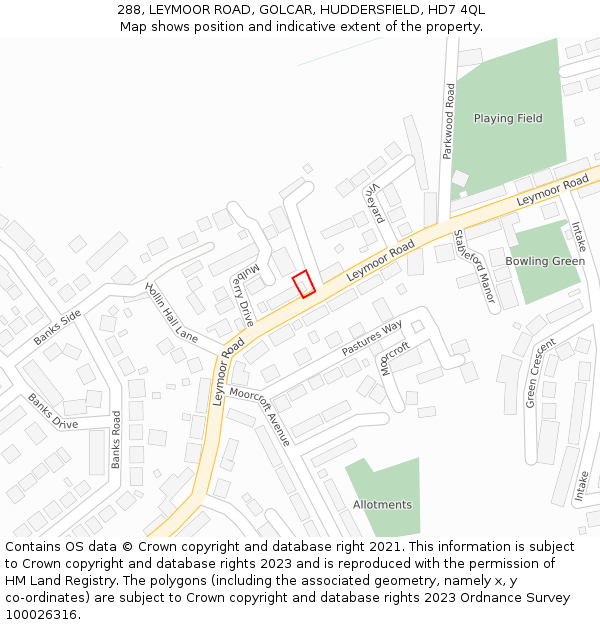 288, LEYMOOR ROAD, GOLCAR, HUDDERSFIELD, HD7 4QL: Location map and indicative extent of plot