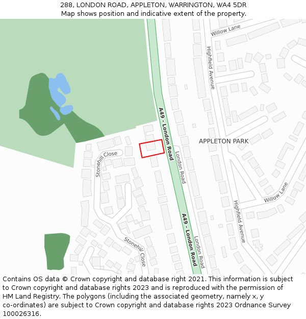 288, LONDON ROAD, APPLETON, WARRINGTON, WA4 5DR: Location map and indicative extent of plot