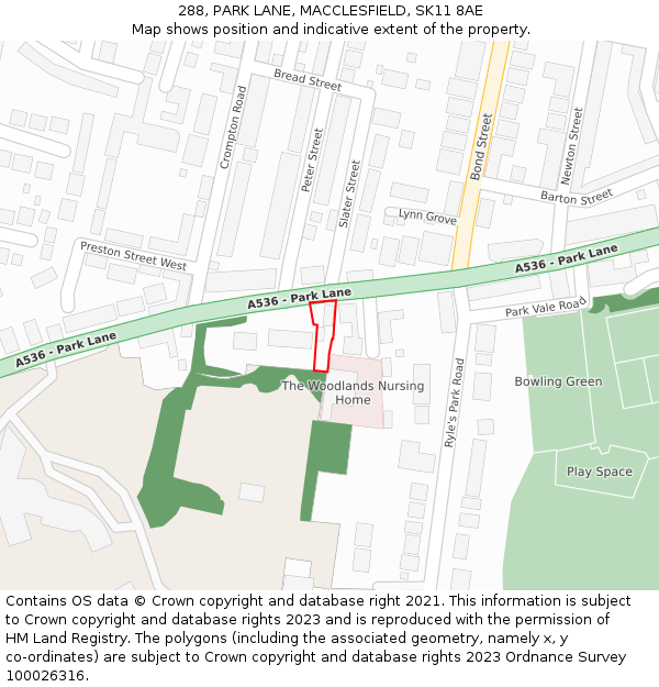 288, PARK LANE, MACCLESFIELD, SK11 8AE: Location map and indicative extent of plot