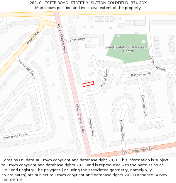 289, CHESTER ROAD, STREETLY, SUTTON COLDFIELD, B74 3DX: Location map and indicative extent of plot
