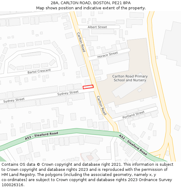 28A, CARLTON ROAD, BOSTON, PE21 8PA: Location map and indicative extent of plot
