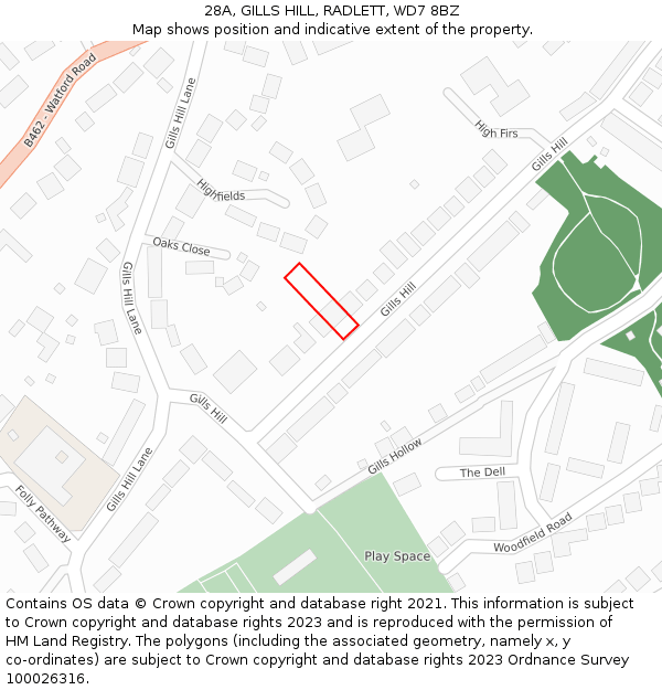 28A, GILLS HILL, RADLETT, WD7 8BZ: Location map and indicative extent of plot