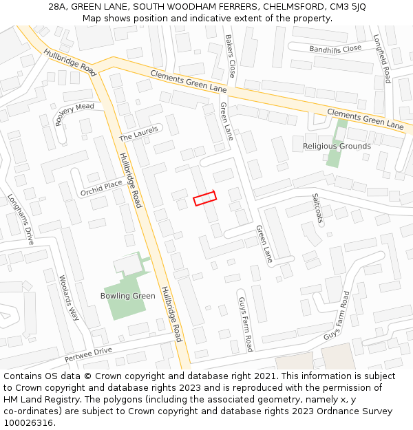 28A, GREEN LANE, SOUTH WOODHAM FERRERS, CHELMSFORD, CM3 5JQ: Location map and indicative extent of plot