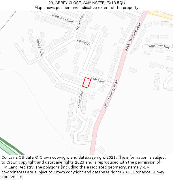 29, ABBEY CLOSE, AXMINSTER, EX13 5QU: Location map and indicative extent of plot