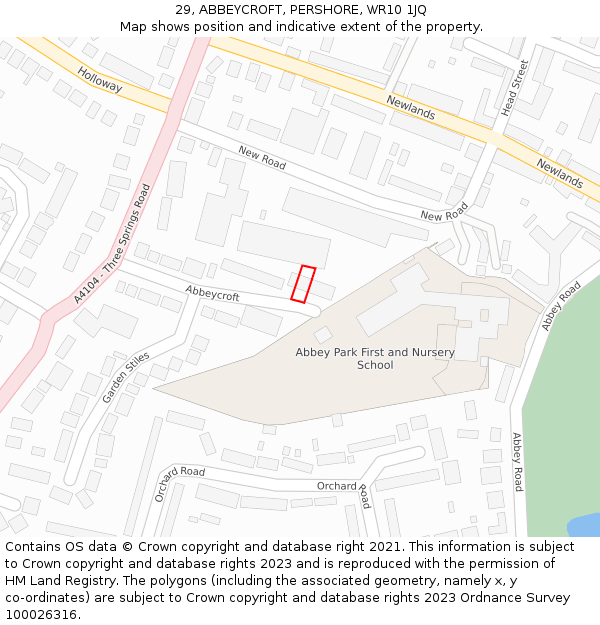 29, ABBEYCROFT, PERSHORE, WR10 1JQ: Location map and indicative extent of plot