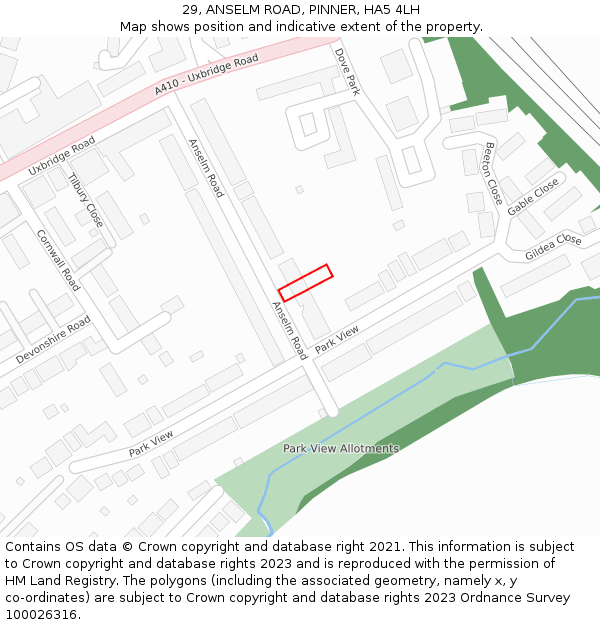 29, ANSELM ROAD, PINNER, HA5 4LH: Location map and indicative extent of plot