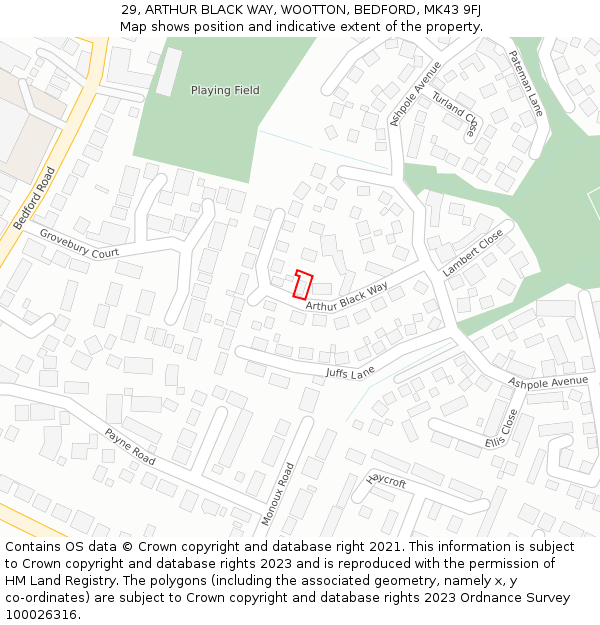 29, ARTHUR BLACK WAY, WOOTTON, BEDFORD, MK43 9FJ: Location map and indicative extent of plot