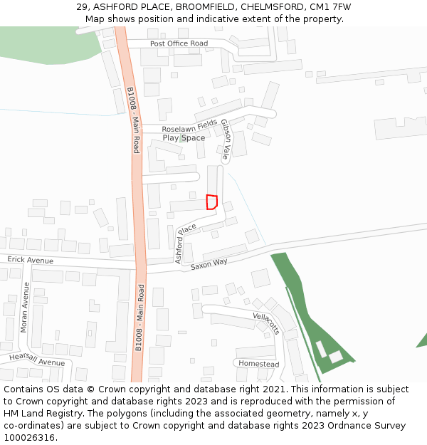 29, ASHFORD PLACE, BROOMFIELD, CHELMSFORD, CM1 7FW: Location map and indicative extent of plot