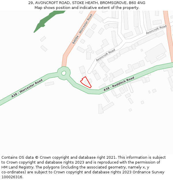 29, AVONCROFT ROAD, STOKE HEATH, BROMSGROVE, B60 4NG: Location map and indicative extent of plot