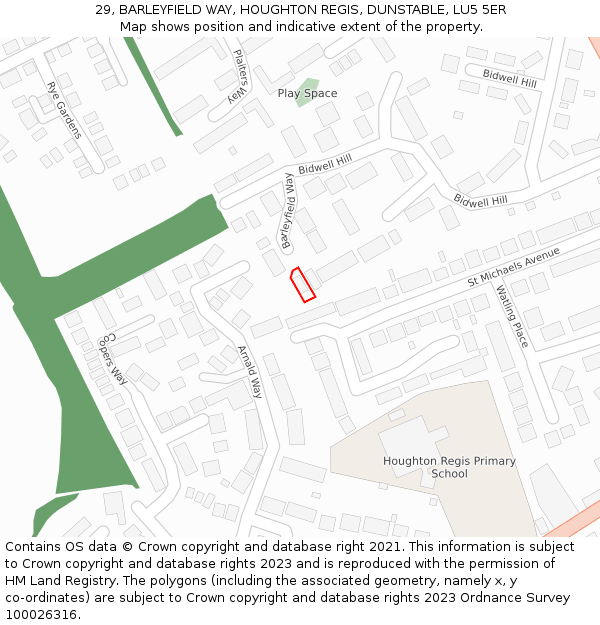 29, BARLEYFIELD WAY, HOUGHTON REGIS, DUNSTABLE, LU5 5ER: Location map and indicative extent of plot