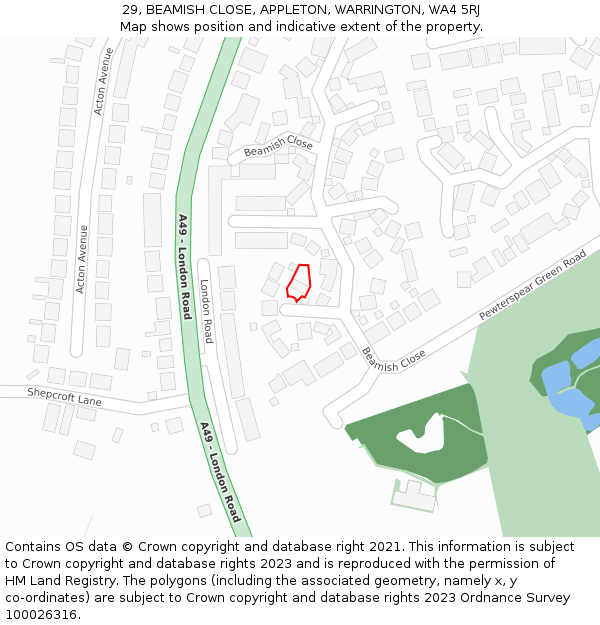 29, BEAMISH CLOSE, APPLETON, WARRINGTON, WA4 5RJ: Location map and indicative extent of plot