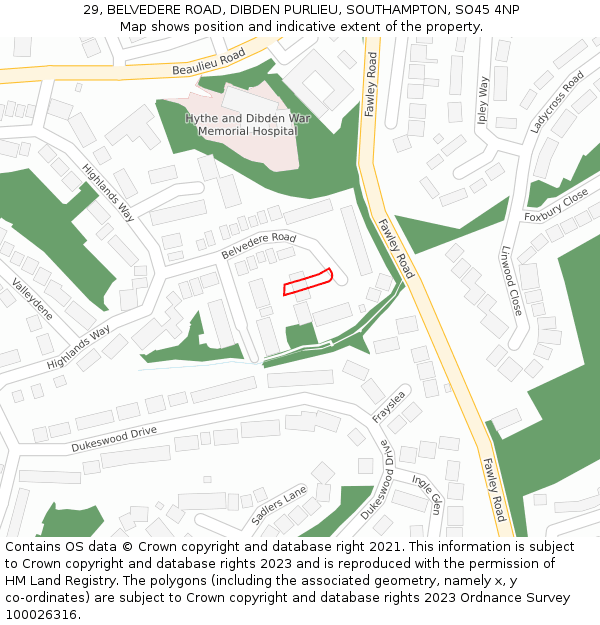 29, BELVEDERE ROAD, DIBDEN PURLIEU, SOUTHAMPTON, SO45 4NP: Location map and indicative extent of plot