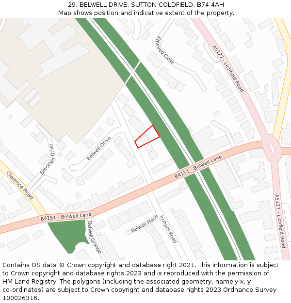 29, BELWELL DRIVE, SUTTON COLDFIELD, B74 4AH: Location map and indicative extent of plot