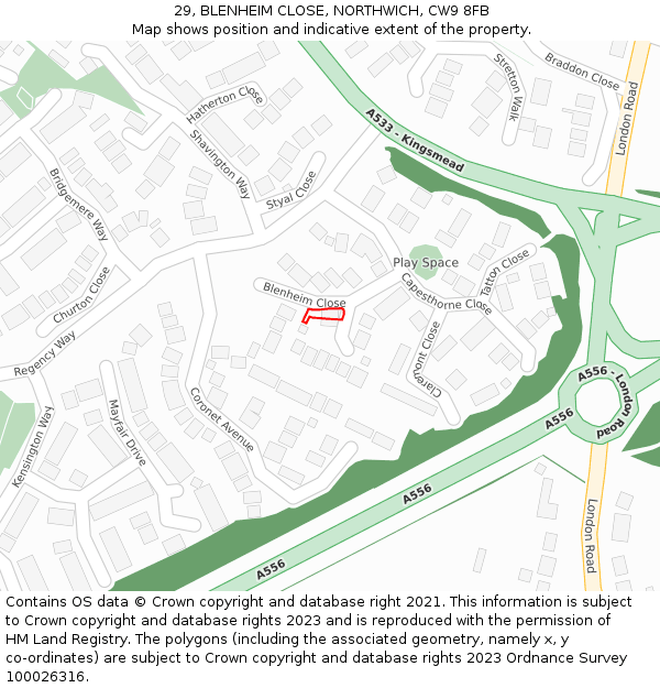 29, BLENHEIM CLOSE, NORTHWICH, CW9 8FB: Location map and indicative extent of plot