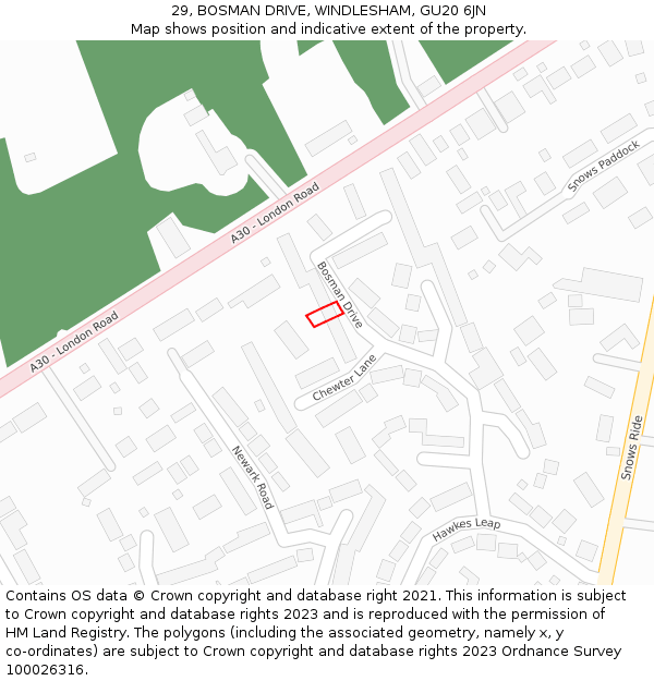 29, BOSMAN DRIVE, WINDLESHAM, GU20 6JN: Location map and indicative extent of plot