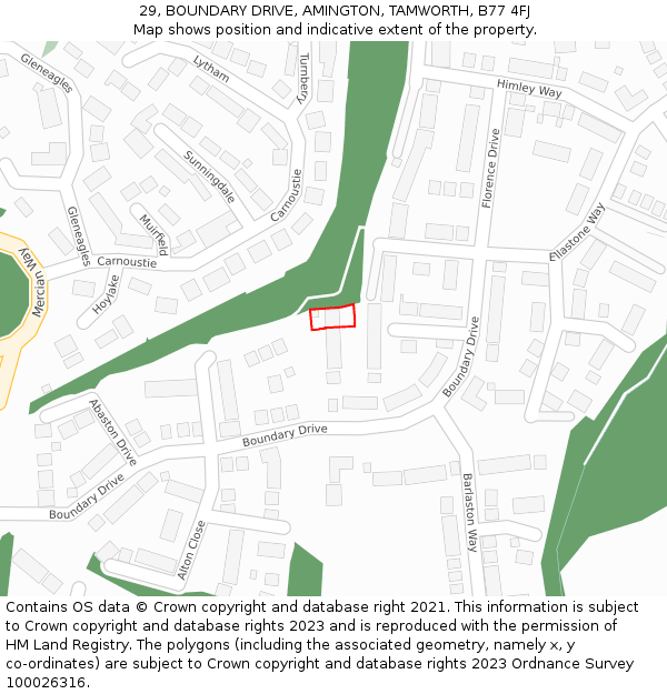 29, BOUNDARY DRIVE, AMINGTON, TAMWORTH, B77 4FJ: Location map and indicative extent of plot