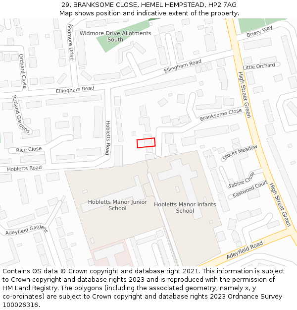 29, BRANKSOME CLOSE, HEMEL HEMPSTEAD, HP2 7AG: Location map and indicative extent of plot