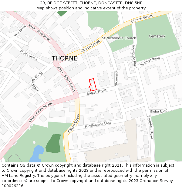 29, BRIDGE STREET, THORNE, DONCASTER, DN8 5NR: Location map and indicative extent of plot